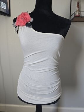 Asymmetrical White One-Shoulder Tank with Pink Floral Accent